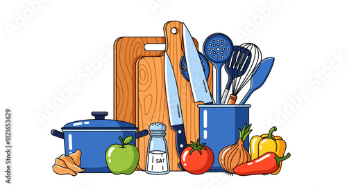 Colorful Kitchen Utensils and Fresh Vegetables Illustration: A Culinary Scene with Cookware, Knives, Cutting Boards, Spices, and Produce for Cooking, Recipes, Restaurant Menus, and Nutrition Guides De