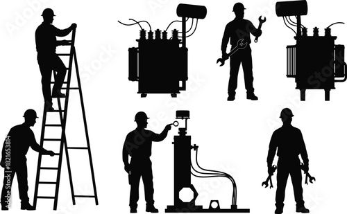 Electrician Worker Silhouette Set: Engineers Repairing Transformer and Industrial Equipment with Ladder and Tools Vector