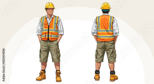 Construction Worker Standing in Worksite, Wearing Safety Vest and Hard Hat, Front and Back View - Illustration of Tradesman or Building Laborer in Protective Gear, Project Planning Presentation, Skill