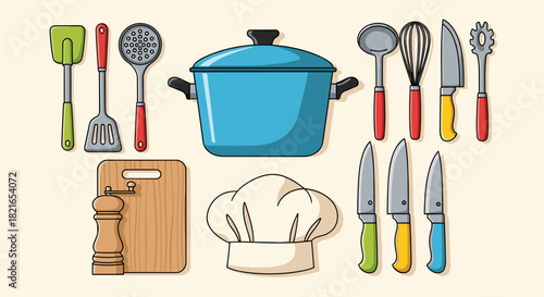 Vibrant Kitchen Utensils Illustration: Cooking Tools and Equipment for Culinary Arts, Recipe Design, and Food Preparation Concepts, Including Pots, Knives, and Chef's Hat for Modern Cooking Guides (Il