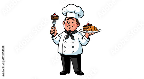 Cheerful Baker Presenting Gourmet Pastries: Cartoon Chef Holding Cake Slice and Croissant Offers Delicious Treat in Restaurant Setting, Perfect for Culinary Arts, Recipe Illustration, and Food Industr