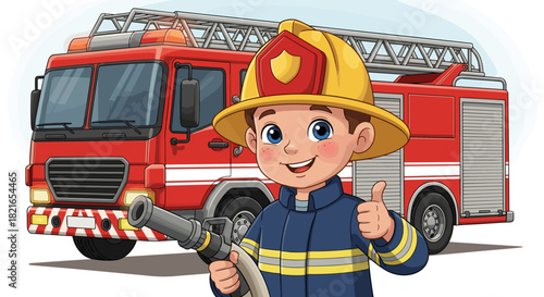 Cartoon Firefighter Boy Giving Thumbs Up by Firetruck Ready for Emergency Rescue, Standing Proudly Near Fire Engine with Ladder and Hose, Representing Heroism and Bravery in Urban Setting for Children