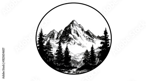 Vintage style hand-drawn mountain landscape with snowy peaks and evergreen trees in a black and white circle.