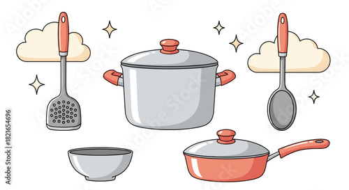 Shiny Kitchenware Set: Pots, Pans, Utensils Sparkle with Clean Cooking Tools in a Bright Kitchen Scene Depicting Culinary Preparation for Food Illustrations, Recipe Demos, Restaurant Menus, Promoting