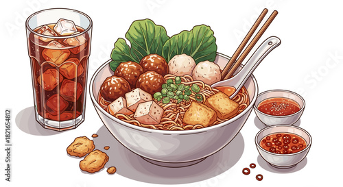 Delicious Bowl of Asian Noodles with Meatballs and Tofu, Served with Refreshing Iced Drink & Spicy Chili Sauce - Perfect Comfort Food for Foodies, Used in Restaurant Menus, Advertisements & Social Med