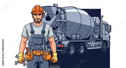Professional Construction Worker Standing Confidently by Cement Mixer Truck at Building Site, Ready for Concrete Work & Road Construction Projects,Illustrative Design for Business Marketing, Transport