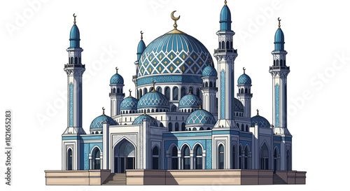 Majestic Mosque Illustration with Intricate Details Displaying Islamic Architecture in Serene Setting, Ideal for Cultural, Religious, and Educational Purposes in Stunning Visual Style (Islamic, Eid, R