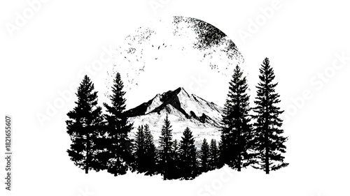 Grungy hand-drawn mountain landscape illustration with dense pine forest and textured full moon. Vintage black and white nature art.