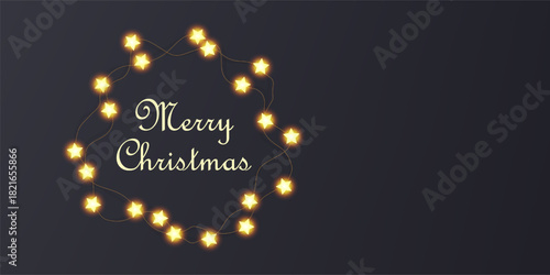 Star light garland wreath, fairy bulbs vector holiday card. Merry Christmas typography in shiny border. Wired lamps shine around text, glitter ribbon. Bright warm yellow lightbulbs, star chain flatlay