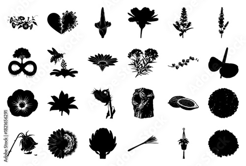 Assortment of Black Silhouettes of Flowers and Nature