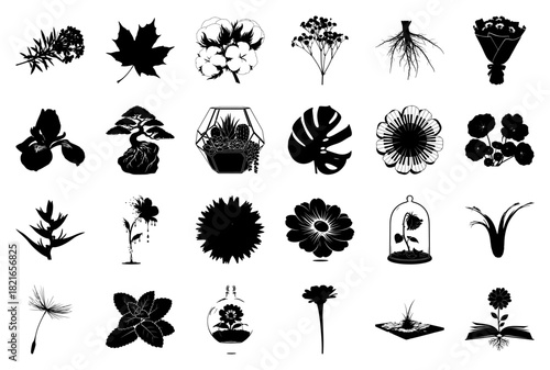 Diverse Botanical Silhouettes in a Grid Format flower