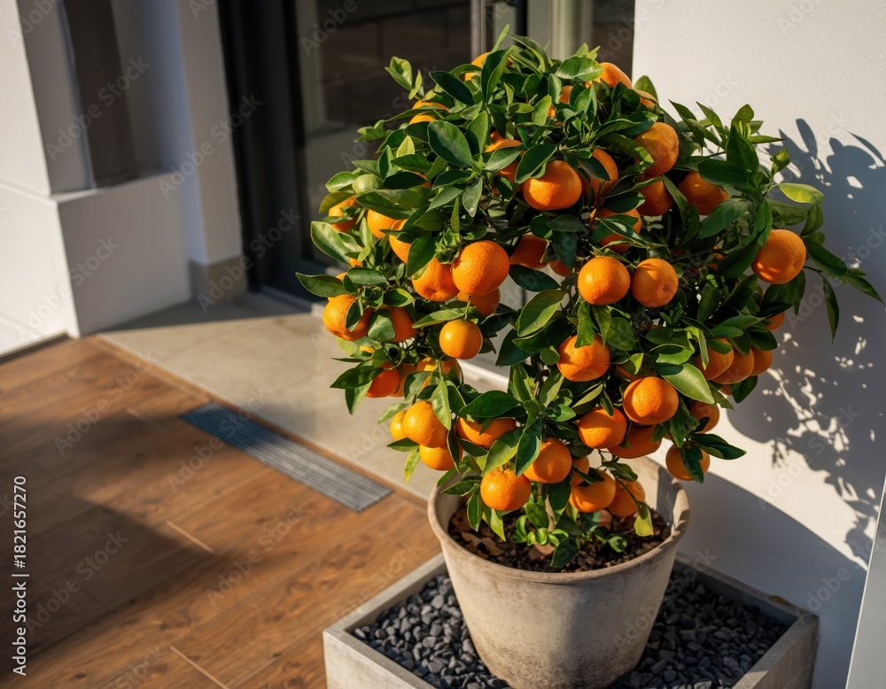Obraz premium Vibrant Orange Tree in Decorative Pot on Modern Patio Space