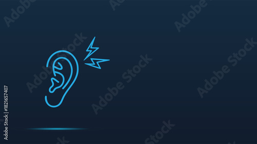 Blue Neon Line Icon of a Human Ear with Electric Lightning Bolts Representing Acute Sound Perception and Auditory Awareness on a Dark Background Vector Graphic Illustration