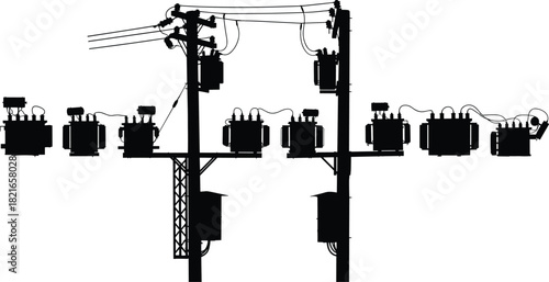 Silhouette vector illustration of utility poles with transformers, wiring, and cabinets—technical infrastructure for power distribution, engineering, planning, education, and reference