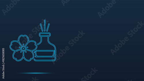 Minimalist Blue Neon Outline Vector Illustration Showcasing Natural Wellness Elements Like A Delicate Five-Petal Spa Flower And A Fragrance Diffuser Bottle Symbolizing Serenity Aromatherapy