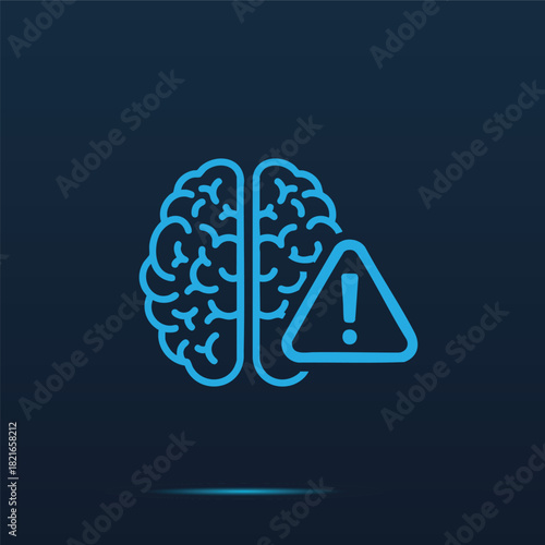Neurological Alert System Vector Graphic Featuring a Stylized Human Brain Outline and a Prominent Exclamation Mark Warning Triangle Icon Representing Cognitive Focus Attention and Mental Hea
