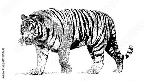 Powerful Tiger Illustration Walking Striding, Detailed Ink Drawing of a Wild Big Cat, Black and White Graphic Design Element