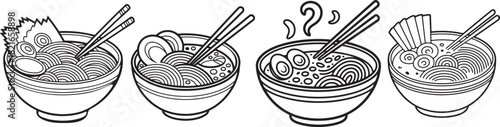 Ramen Bowl Line Art, Coloring Book Page Line Art Drawing, Vector and Illustration