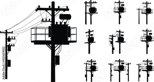 Silhouette vector illustration of electrical utility poles with transformers and wiring—technical infrastructure for power distribution, engineering, planning, education, and reference