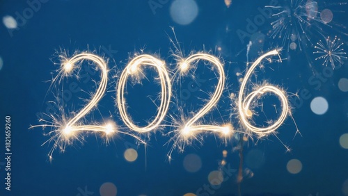 The year 2026 is represented by glowing sparklers in blue background. Bokeh lights, festive atmosphere, New Year celebrations