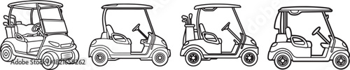 set of Golf Cart Line Art, Coloring Book Page Line Art Drawing, Vector and Illustration