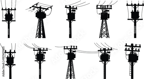 Silhouette vector illustration of electrical utility poles with transformers and power lines—technical infrastructure for power distribution, engineering, planning, and reference