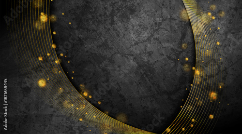Abstract black grunge wall background with golden wavy lines and bokeh lights. Vector retro vintage design