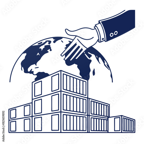 Business hand reaching down with fork to pick up shipping containers stacked in front of the globe