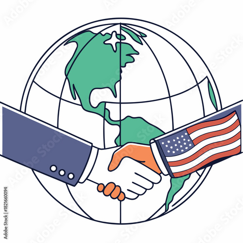 Two hands shaking in front of a stylized globe with the american flag on one hand symbolizing international cooperation and partnership