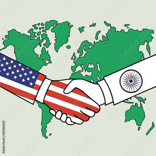 United states and india handshake symbolizing global partnership and international diplomacy on world map