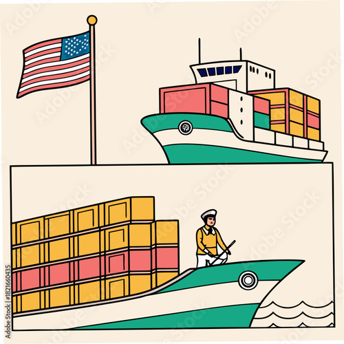 American flag flies over cargo ships carrying shipping containers in the ocean