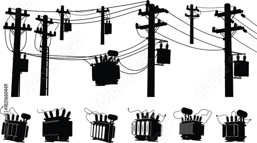Silhouette vector illustration of electrical transformers and utility poles—technical infrastructure layout for power distribution, engineering, planning, maintenance, education, and reference