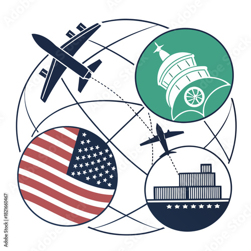 Global trade and transportation network connecting united states commerce and government with international shipping and air travel