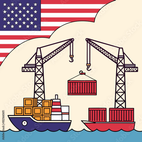 American flag overlooking cargo ships and cranes facilitating international trade and logistics operations