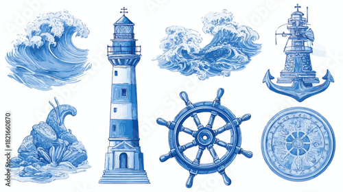 Detailed Hand-Drawn Nautical Elements Set with Lighthouses, Ocean Waves, Ship's Wheel and Compass Rose Illustrations