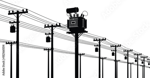Silhouette vector illustration of electrical transformers and utility poles—technical infrastructure for power distribution, engineering, planning, maintenance, education, and reference use