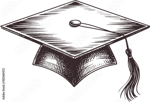 Black and white sketch of a graduation cap with tassel