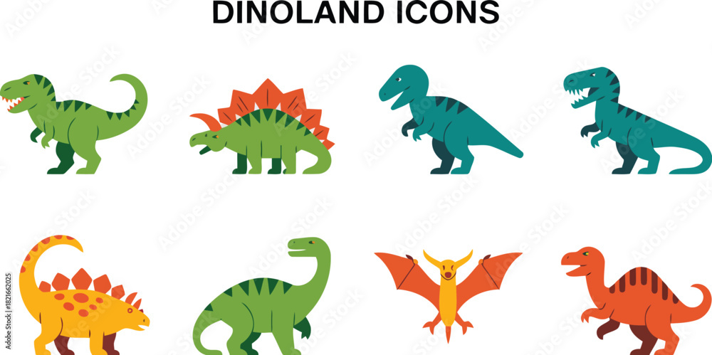 Fototapeta premium Dinosaur icons including trex triceratops stegosaurus velociraptor brontosaurus ankylosaurus pterodactyl and spinosaurus