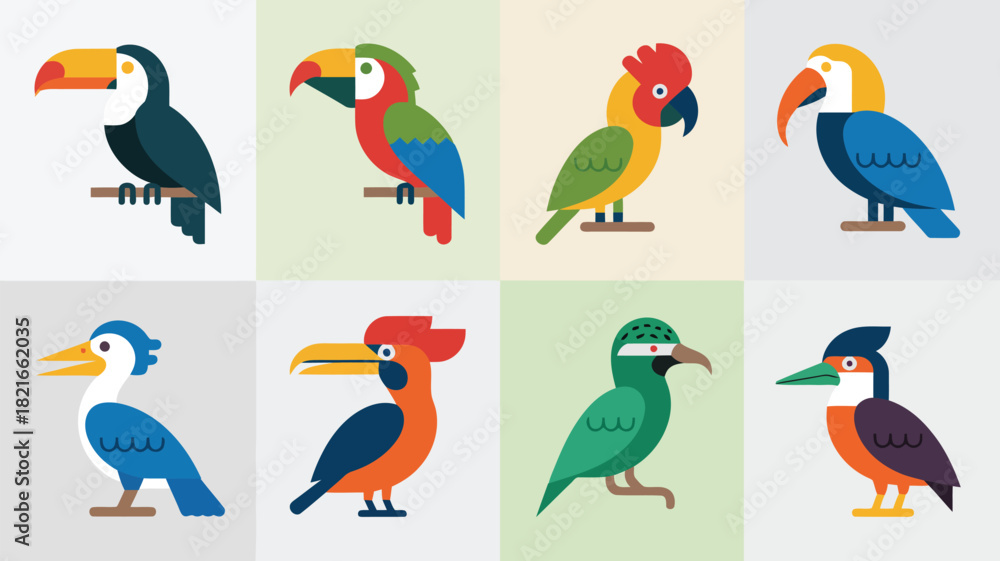 Naklejka premium Collection of eight colorful flat design tropical birds including toucans parrots and hornbills on simple backgrounds