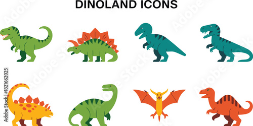 Dinosaur icons including trex triceratops stegosaurus velociraptor brontosaurus ankylosaurus pterodactyl and spinosaurus