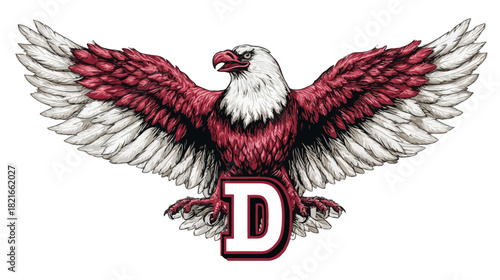 Majestic spread-winged eagle emblem with a bold capital letter D. Dynamic illustration in vibrant maroon and white colors.