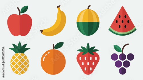A colorful collection of flat design fruit icons including apple banana melon watermelon pineapple orange strawberry and grapes arranged in two rows on a light gray background