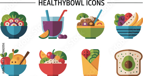 Collection of healthy food icons including salad bowl smoothie bowl poke bowl quinoa salad fruit bowl grain bowl veggie wrap and avocado toast