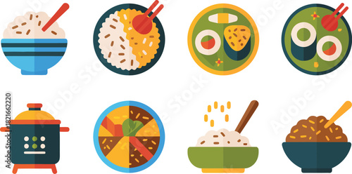 A collection of flat design icons representing various rice dishes and asian cuisine elements on a black background
