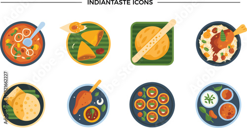 Collection of indian food icons featuring curry samosa tandoori chicken biryani dosa pakora and chutney