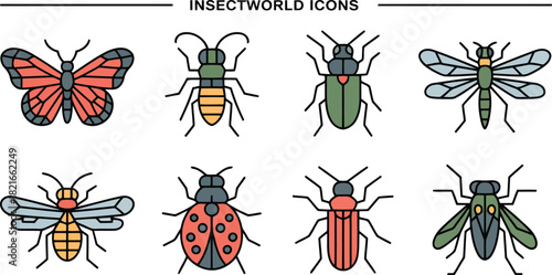 Collection of eight stylized insect icons including butterfly bee beetle dragonfly ladybug ant grasshopper and mosquito with labels