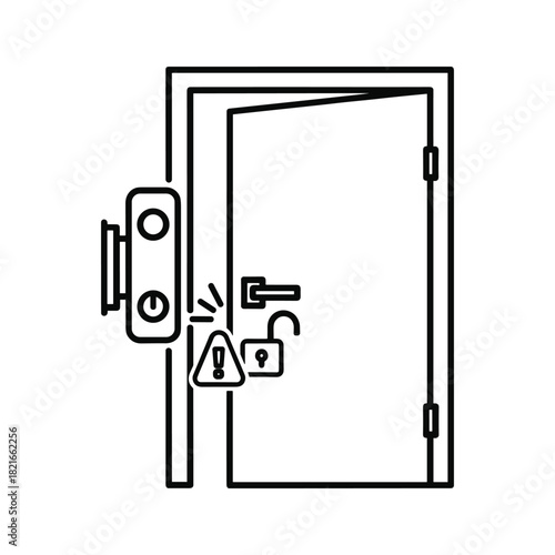 Line icon of an open door with an electronic lock and warning sign