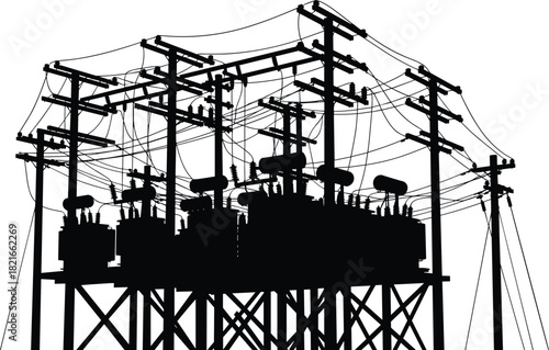 Silhouette vector illustration of electrical substation with transformers and utility poles—technical infrastructure for power distribution, engineering, planning, education, and reference