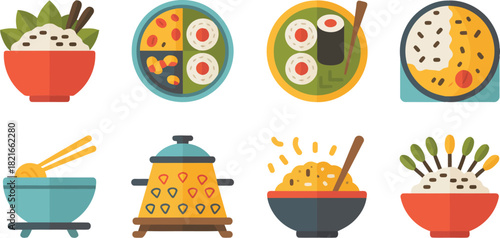 A collection of flat design icons representing various asian food dishes including rice bowls sushi and a hot pot