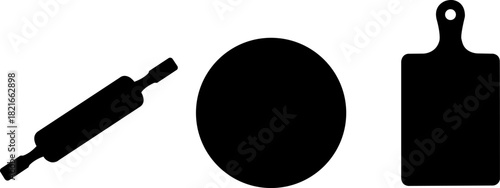 Simple black silhouette of baking tools rolling pin dough and cutting board